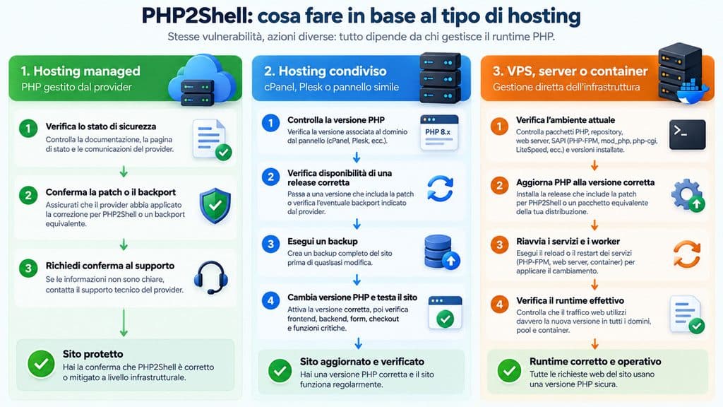 PHP2Shell: cos’è, quali versioni PHP sono vulnerabili e cosa fare su WordPress 2 Procedura PHP2Shell per hosting managed, hosting condiviso e VPS, server o container