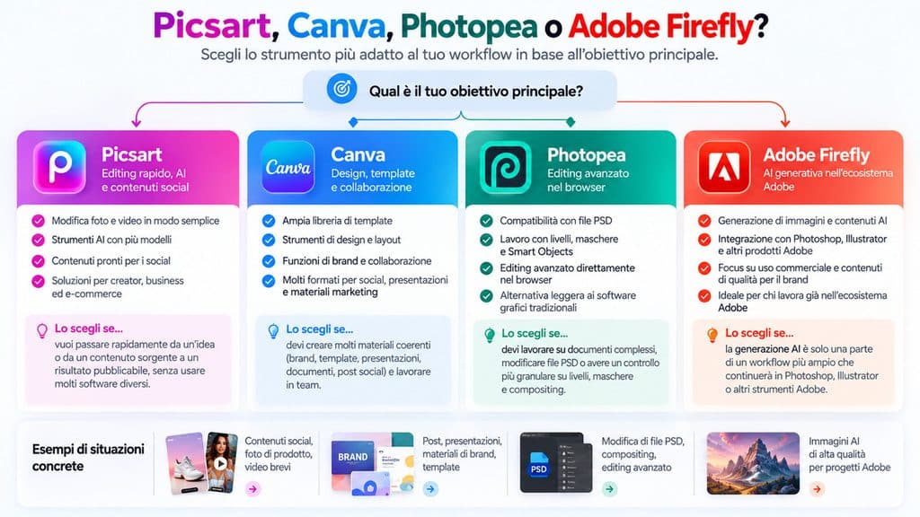 Picsart: cos’è, come funziona, quanto costa e come usarlo 2 Confronto tra Picsart, Canva, Photopea e Adobe Firefly in base al tipo di workflow creativo