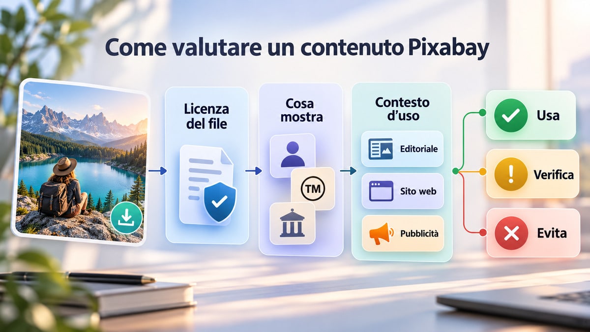 Pixabay: cos’è, come funziona e come usare immagini gratis 1 Diagramma che collega licenza del file, contenuto raffigurato e contesto d’uso alle decisioni Usa, Verifica o Evita