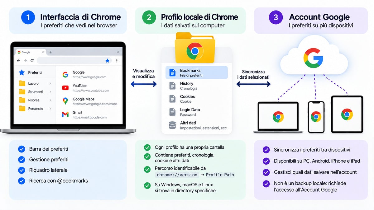 Preferiti Chrome: dove sono, come gestirli, esportarli e recuperarli 1 Schema dei preferiti Chrome tra interfaccia del browser, profilo locale e Account Google