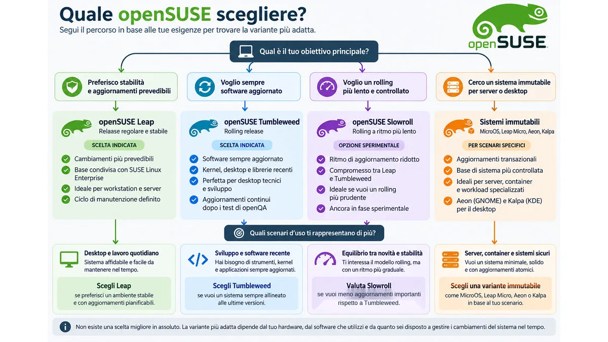 openSUSE: cos’è, Leap o Tumbleweed e quale scegliere 1 Diagramma per scegliere tra openSUSE Leap, Tumbleweed, Slowroll e sistemi immutabili
