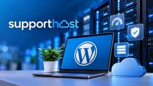 Home 8 SupportHost e WordPress con server, cloud e simboli di prestazioni e sicurezza