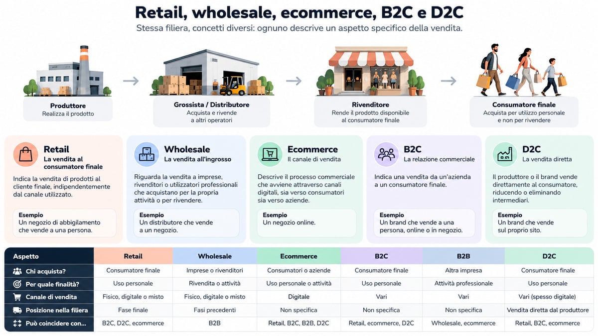 Retail: significato, come funziona e differenze con wholesale ed ecommerce 1 Schema della filiera dal produttore al consumatore con confronto tra retail, wholesale, ecommerce, B2C, B2B e D2C