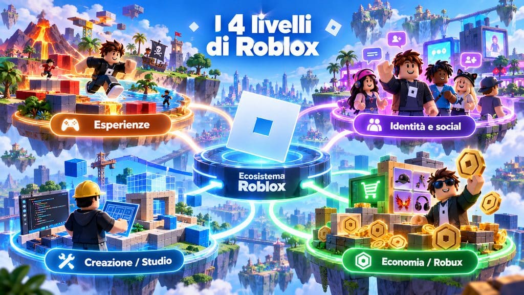Cos'è Roblox, come funziona e cosa sapere prima di iniziare 1 Schema dei quattro livelli di Roblox: esperienze, identità e social, economia con Robux e creazione con Studio