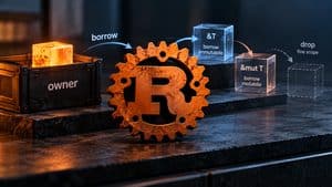 Home 9 Linguaggio Rust con rappresentazione visiva di ownership, borrowing e gestione delle risorse