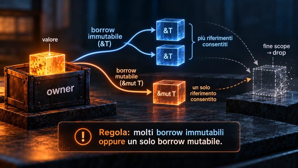 Linguaggio Rust: cos’è, come funziona, a cosa serve e quando sceglierlo 1 Schema di ownership e borrowing in Rust con riferimenti immutabili, riferimento mutabile e drop a fine scope