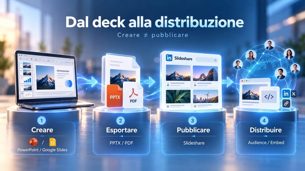 Slideshare: cos’è, come funziona e a cosa serve 1 Workflow in quattro fasi: creare, esportare, pubblicare su Slideshare e distribuire