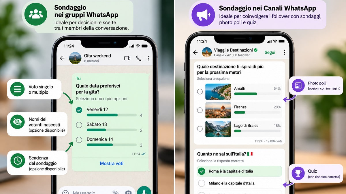 Sondaggi WhatsApp: come crearli, votarli e vedere i risultati 1 Esempio illustrativo della creazione di un sondaggio WhatsApp con opzioni e impostazioni di voto