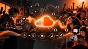 Home 8 Ecosistema SoundCloud con artista che carica musica e ascoltatori collegati dalla piattaforma