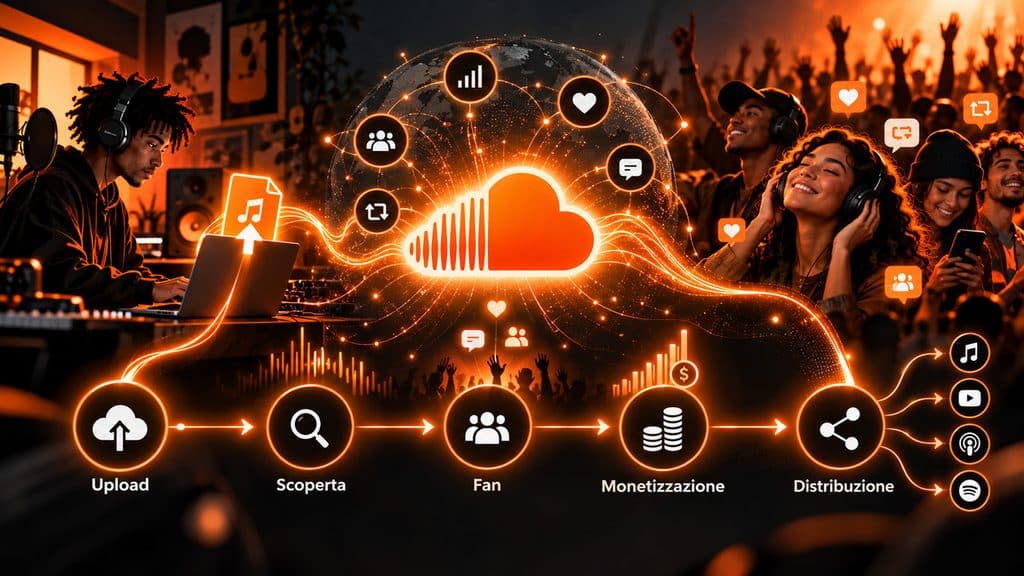 SoundCloud: cos’è, come funziona e cosa offre ad ascoltatori e artisti 1 Flusso SoundCloud da upload e scoperta a fan, monetizzazione e distribuzione