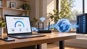 Speed test Internet rappresentato come percorso tra dispositivo, router, rete e server di misura