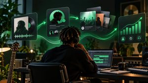 Home 7 Artista al lavoro con un flusso visuale tra profilo Spotify, pitching alle playlist e analytics
