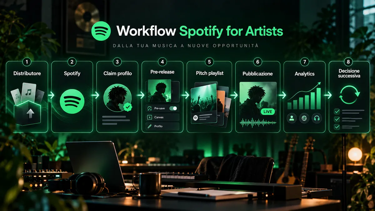 Spotify for Artists: come accedere, gestire il profilo e leggere i dati 1 Workflow Spotify for Artists dal distributore al claim del profilo, pitching, pubblicazione, analytics e decisione successiva