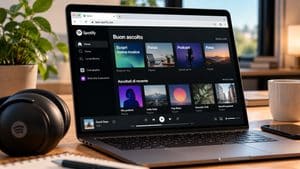 Spotify Web aperto su un computer portatile con cuffie