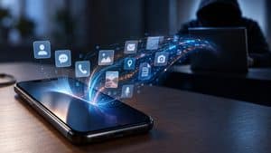 Home 7 Smartphone da cui vengono estratti dati personali verso un computer remoto, rappresentazione di uno spyware