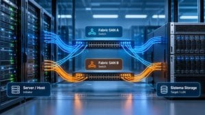 Home 9 Architettura di una Storage Area Network con server, fabric SAN ridondante e sistema storage