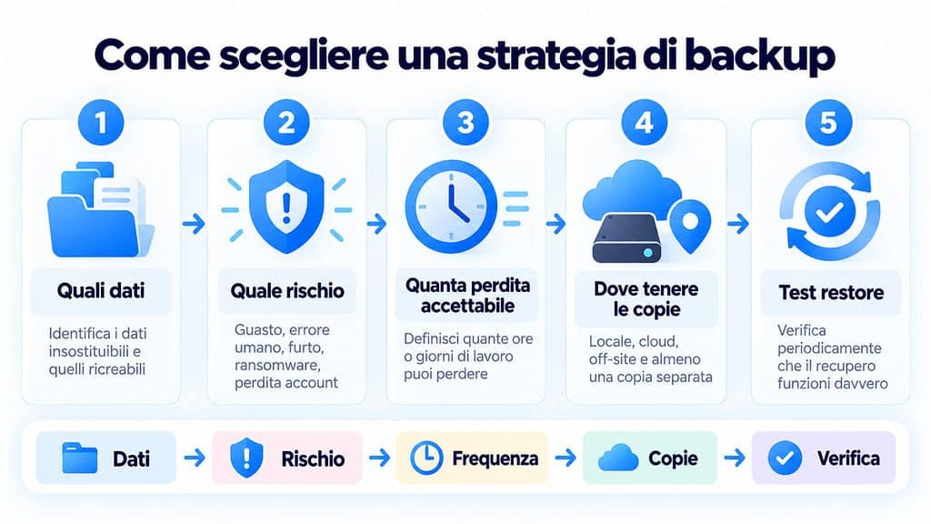 Backup: cos’è, come funziona e come creare copie davvero recuperabili 2 Workflow in cinque passaggi per scegliere una strategia di backup in base a dati, rischio, frequenza, copie e verifica