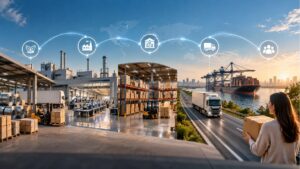 Rappresentazione della supply chain con produzione, magazzino, trasporto, porto e cliente collegati in una rete end-to-end