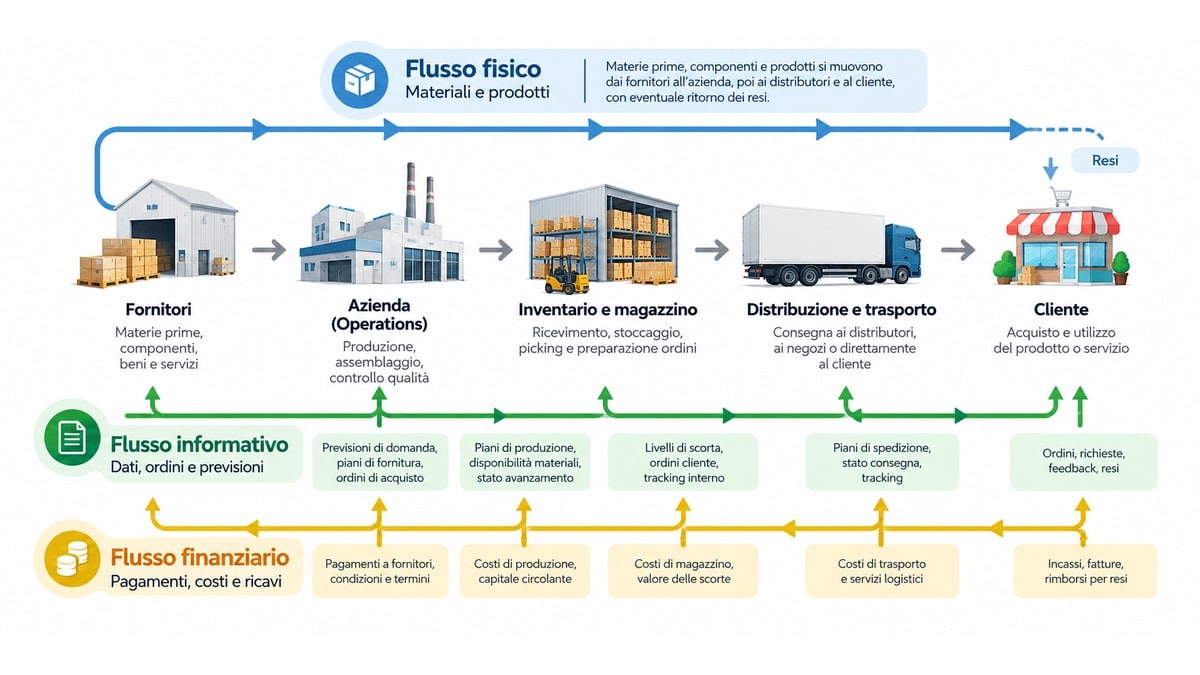 Supply chain: cos’è, come funziona e come si gestisce 1 Diagramma dei tre flussi della supply chain: fisico, informativo e finanziario tra fornitori, azienda, magazzino, distribuzione e cliente