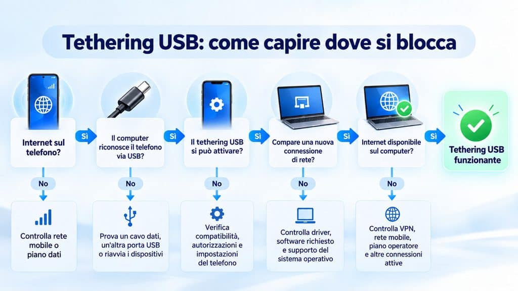Tethering USB: cos’è, come funziona e come usarlo su Android e iPhone 2 Diagramma per diagnosticare i problemi del tethering USB dal telefono alla connessione Internet del computer