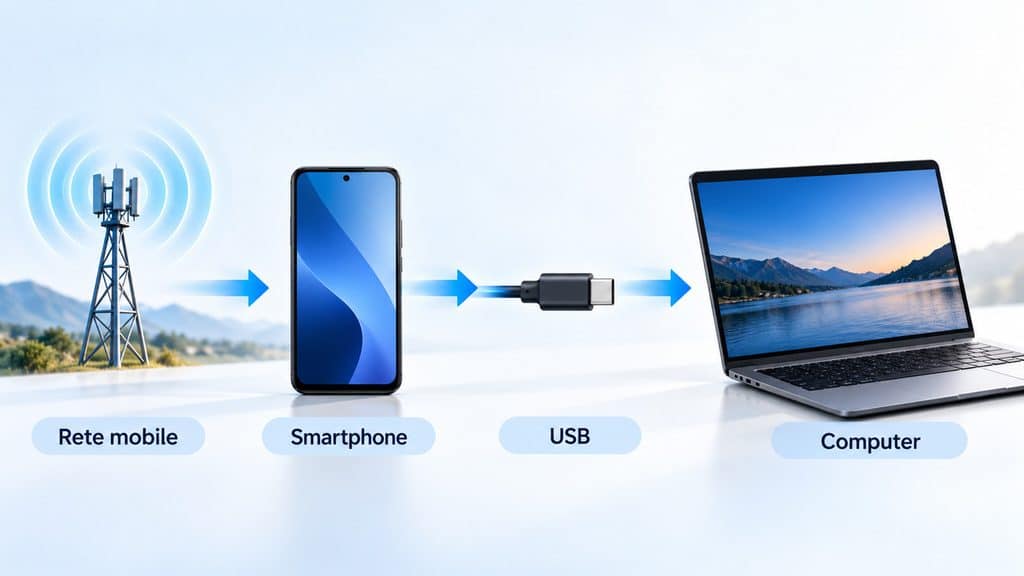 Tethering USB: cos’è, come funziona e come usarlo su Android e iPhone 1 Schema della connessione dalla rete mobile allo smartphone e dal cavo USB al computer