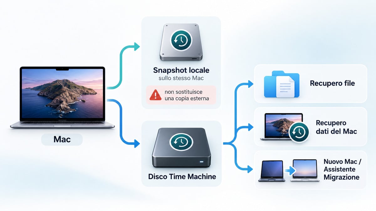 Time Machine su Mac: come funziona e come usarlo per backup e ripristino 1 Schema dei backup Time Machine con snapshot locale, disco esterno e percorsi di recupero dei dati