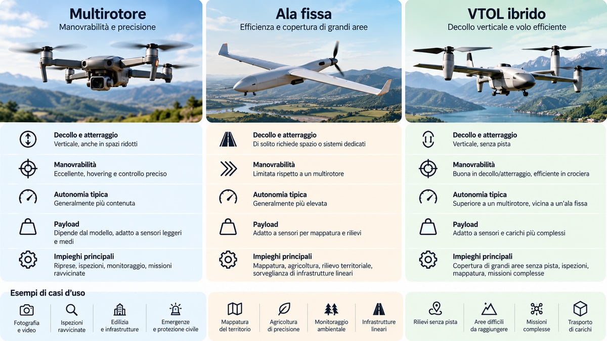 Cosa sono i droni, come funzionano e a cosa servono 2 Confronto tra drone multirotore, drone ad ala fissa e drone VTOL ibrido
