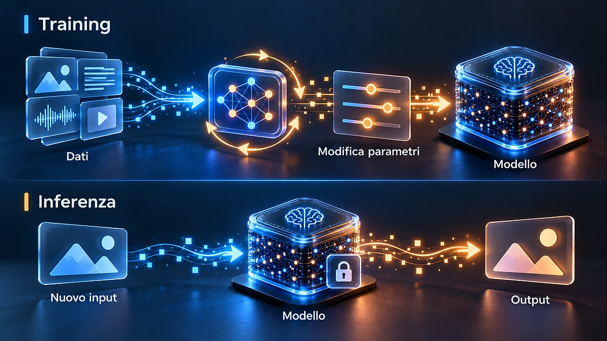 Inferenza AI: cos’è, come funziona e cosa cambia rispetto al training 1 Schema che confronta training con modifica dei parametri e inferenza con utilizzo del modello