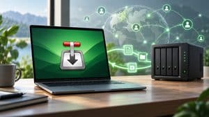 Home 7 Laptop con client Transmission collegato a un NAS attraverso una rete peer-to-peer