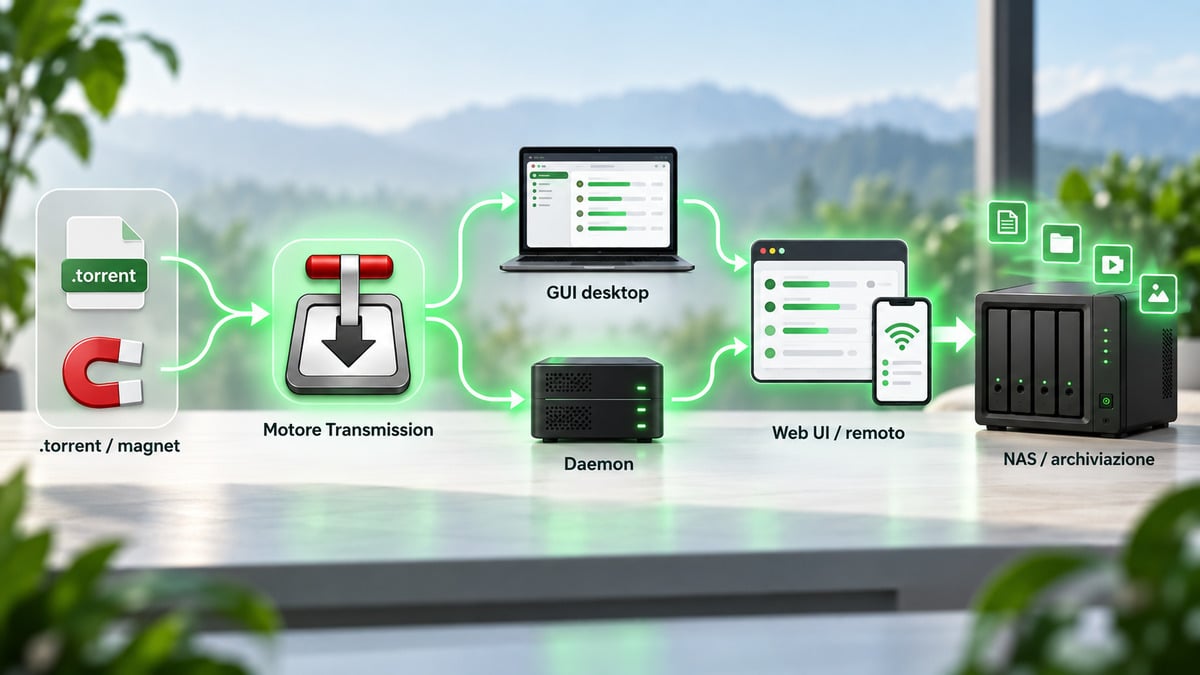 Transmission: cos’è, come installarlo e usare il client BitTorrent 1 Schema del flusso di Transmission da file torrent o magnet a GUI, daemon, Web UI e NAS