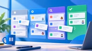 Trello rappresentato come flusso visuale di attività organizzate in bacheche, liste e schede