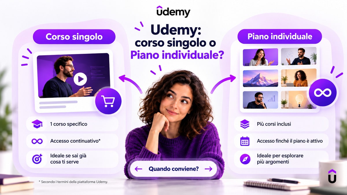 Udemy: cos’è, come funziona e come capire se fa per te 1 Confronto tra corso singolo e Piano individuale Udemy per accesso, numero di corsi e modalità di utilizzo