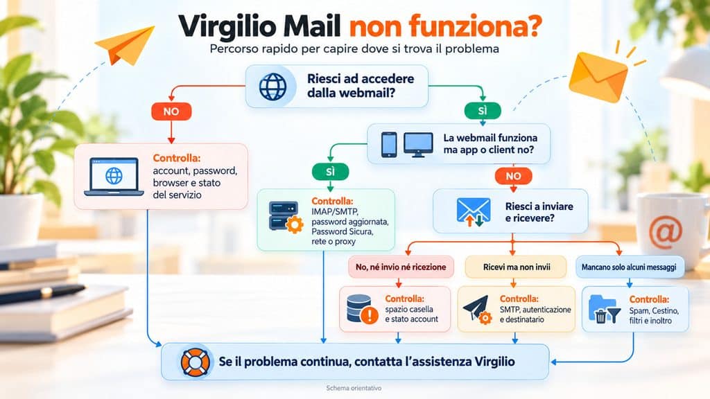 Virgilio Mail: come accedere, configurarla e risolvere i problemi 1 Schema diagnostico per capire perché Virgilio Mail non funziona
Didascalia: Percorso diagnostico per distinguere problemi di account, webmail, client, invio e ricezione.