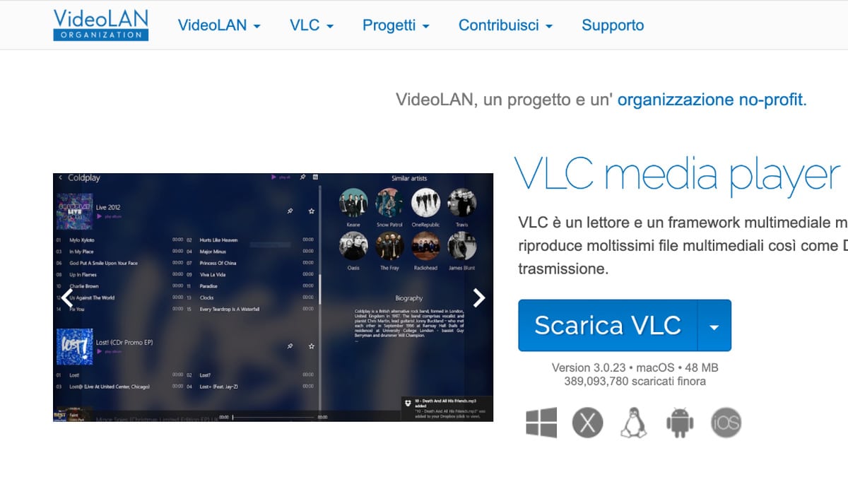 VLC Media Player: cos’è, come scaricarlo e usarlo 2 Pagina ufficiale VideoLAN con pulsante Scarica VLC, versione per macOS e piattaforme disponibili