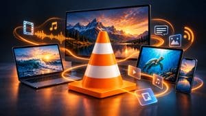 VLC Media Player su computer, tablet e smartphone con contenuti audio e video
