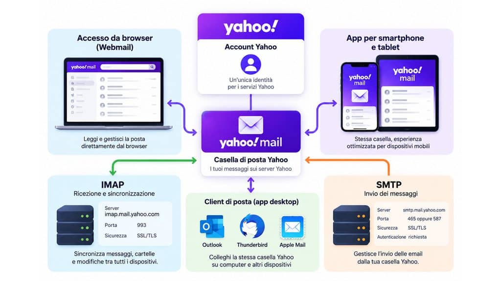 Yahoo Mail: come accedere, creare un account e configurare la posta 1 Schema di Yahoo Mail con account, webmail, app, client, IMAP e SMTP